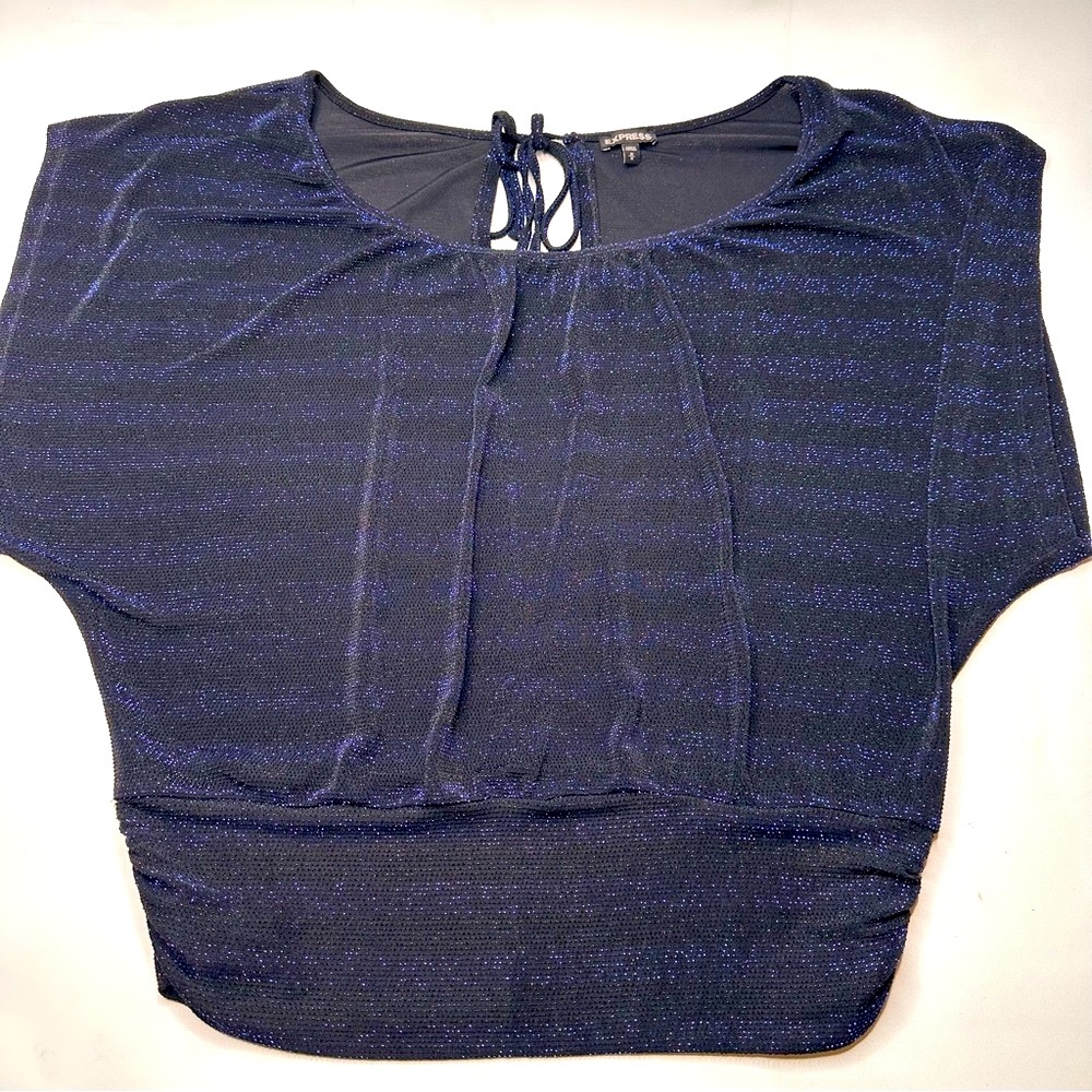 Express Womens Top Blouse Striped Glitter Black Dark Blue Flowy Fit Open Back M
